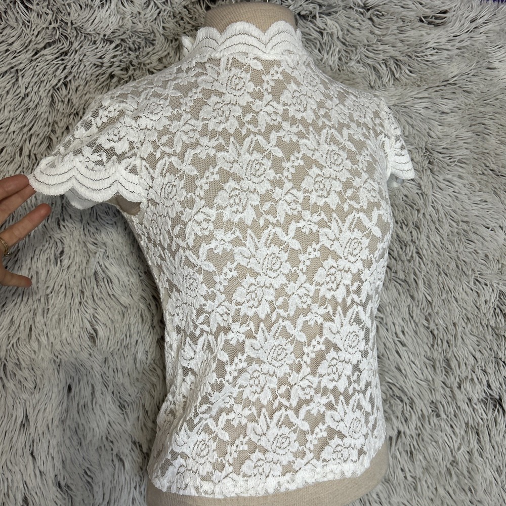 Lace Cap Sleeve Romantic Fairycore White Lace Floral Stretchy Mesh Top Small